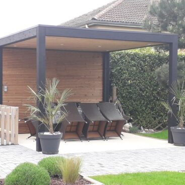 pergola abri jardin bois bardage horizontal contemporain spots éclairage terrasse salon extérieur Acti Sud Paysage paysagiste Dijon