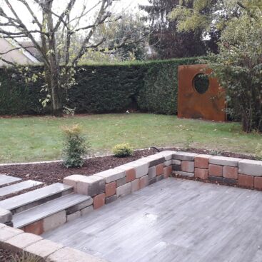 aménagement terrasse double niveau grès cérame Mirage effet bois bimuro mur corten oculus Acti Sud Paysage paysagiste Dijon